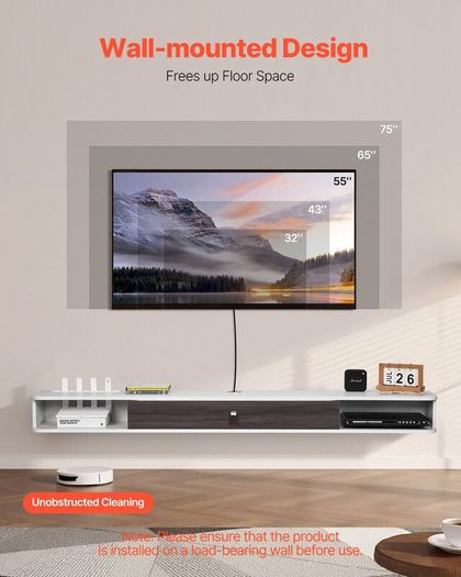 Floating TV Stand 180 cm in Wall Mount Entertainment Center with Cable Hole, Modern Floating TV Shelf with Storage Cabinet, Particle Board Console for DVD Player, Cable Box, Game Console, White