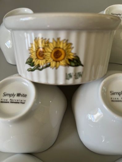 SUNFLOWER RAMEKIN Low-low.  With 6 fluted serving dishes for preserves. Total 7 items.