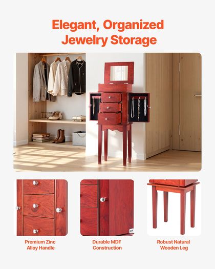 Jewelry Cabinet Standing Wood Jewelry Storage Chest with 3 Drawers, Flip Top Mirror