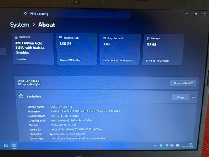 Hp Laptop 14sfq0009na - Athlon Gold - 8gb Ram - 128gb Ssd - Windows 11