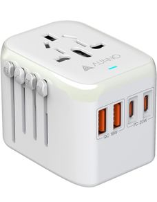 Universal Travel Adapter, PD 20W Fast Charging Plug Adapter with 2 USB-C and 2 USB-A Ports, All in One Travel Adapter for Europe, UK, US, Australia etc