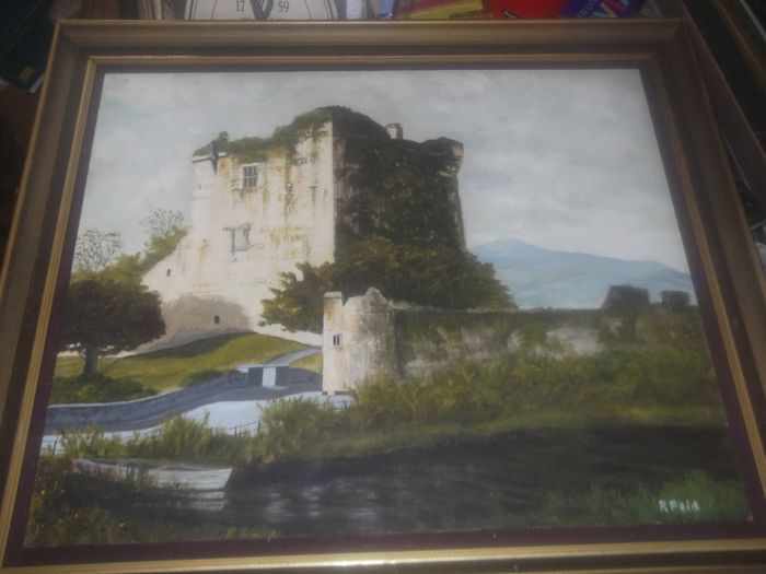 a large oil painting on board castle ruins by dublin artist frank feld