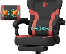 Gaming Chair Computer Chairs with Massage Lumbar Support & Headrest, Ergonomic Technology Fabric Gaming Chair for Adults, PC Chair Gamer Chairs with Footrest, 300LBS, Black-Red