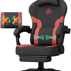 Gaming Chair Computer Chairs with Massage Lumbar Support & Headrest, Ergonomic Technology Fabric Gaming Chair for Adults, PC Chair Gamer Chairs with Footrest, 300LBS, Black-Red