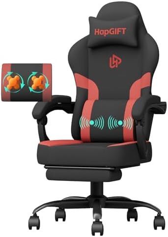 Gaming Chair Computer Chairs with Massage Lumbar Support & Headrest, Ergonomic Technology Fabric Gaming Chair for Adults, PC Chair Gamer Chairs with Footrest, 300LBS, Black-Red