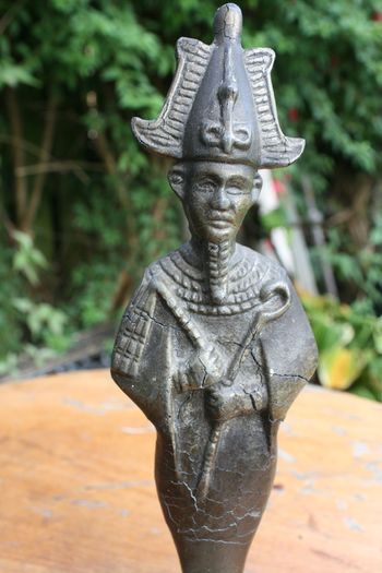Vintage Egyptian  Figure of Osiris 10" (made of some metal, a few cracks visible in the photos, mounted on a marble base)