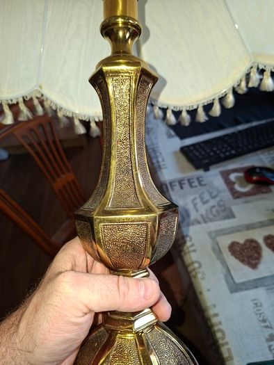 A Beautiful Large Heavy Victorian-style Brass Table Lamp with Brass Baluster Stem and Faceted, Paneled Knop, raised on a Stepped Hexagonal Base; fitted with a tall, cream textile shade with scalloped fringe and tassel trim, Postage Available or collection
