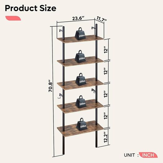 NEW SALE | Ladder Shelf 5-Tier Bookcase Rack 180CM Storage Unit with Metal Frame Floating Wall Shelf
