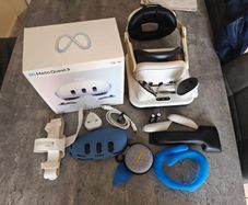Meta Quest 3 with charging dock, rechargeable batteries, extra lenses, the back strap