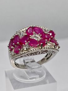 Beautiful African Ruby White Zircon Cluster Ring in Rhodium Overlay Sterling Silver 4.42 Ct.