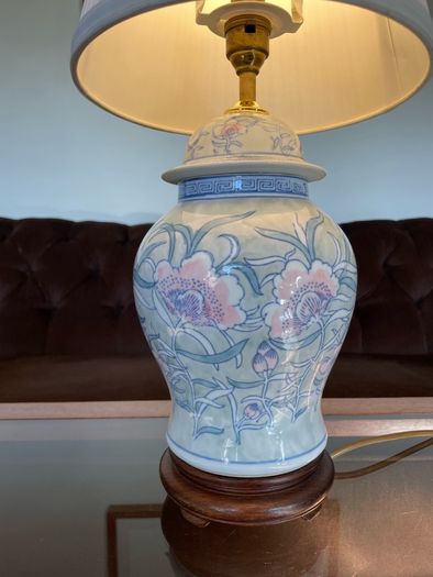 Pretty Oriental Pastel Floral Ginger Jar Lamp Base with Wooden Plinth Base