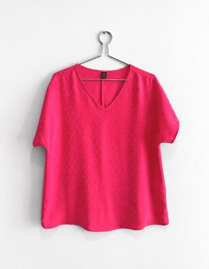 Pre Owned Bright Pink Swiss Dot V-Neck Short Sleeve Blouse