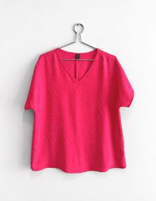 Pre Owned Bright Pink Swiss Dot V-Neck Short Sleeve Blouse