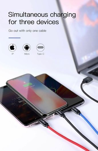 3in1 USB Charger Cable for iPhone 12 8 7 6 11 XR Type C Galaxy S10 S21 Micro USB