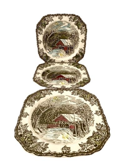 Set of 3 Vintage The Friendly Village The Covered Bridge by Johnson Bros Square Bone China Plates