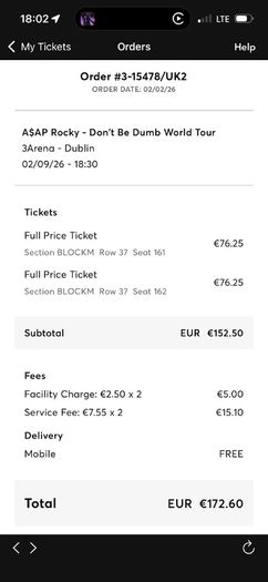 ASAP rocky tickets x 2 seated
