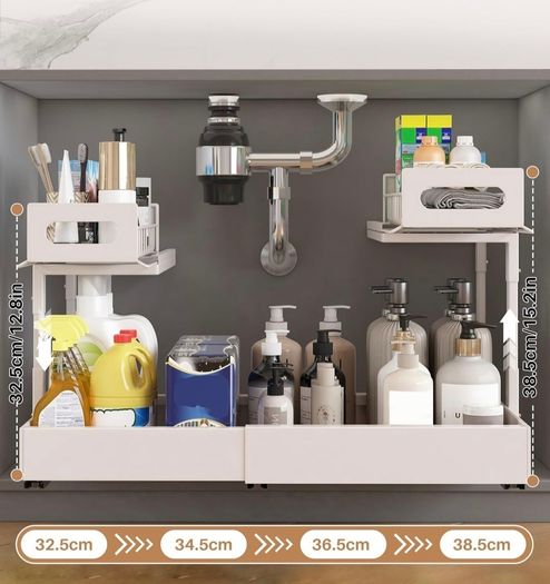 Under Sink Metal Shelf 2 Tier Height Adjustable Kitchen Organizer  White