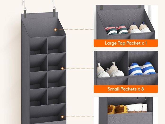 Hanging Shoe Storage Rack with 11 Pockets, 5 Layers Shoe Holder for Closet Door Includes Boots, Grey, 1 Pack