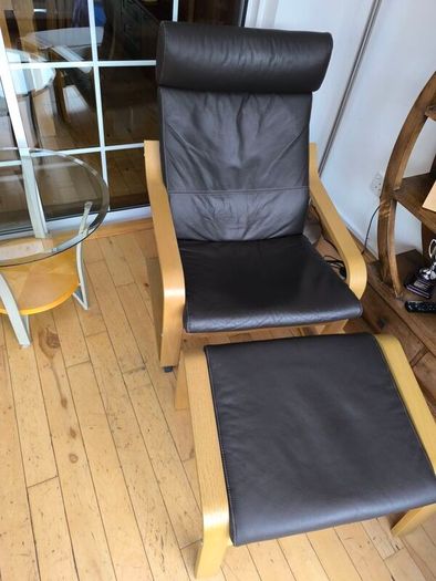Ikea Poang brown leather chairs and matching footstool with occasional table