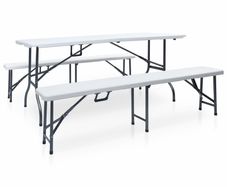 Folding Garden Table with 2 Benches 180 cm Steel and HDPE White