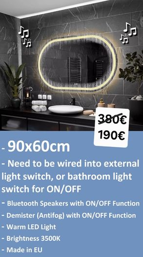 LED Bathroom Mirrors Speakers Demister Antifog Weather Station Clock Dual LED Sensor Touch