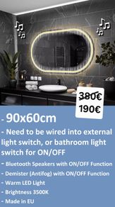 LED Bathroom Mirror Speakers Antifog Bright Light 90x60cm Makeup Cosmetic Vanity Ensuite Made in EU Quality