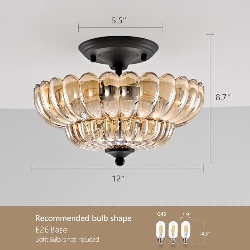 Modern Black Ceiling Light Fixture, Amber Glass Flush Mount Chandeliers, Semi Flush Mount Ceiling Light Fixture Suitable for Living Room Hallway Kitchen Bedroom