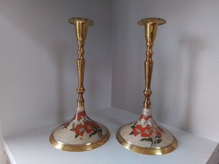 Two Brass & Enamel Candlesticks