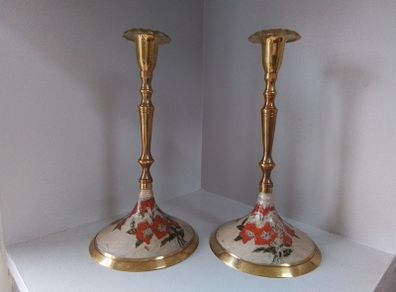 Two Brass & Enamel Candlesticks