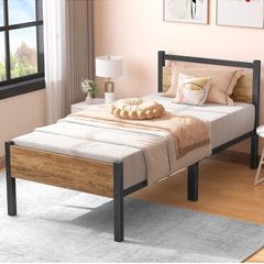 Single Bed Frame with Wooden Headboard