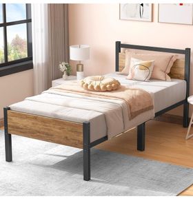 Single Bed Frame with Wooden Headboard