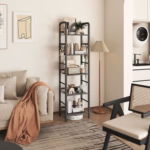 4-Tier Storage Shelf, Metal Shelving Unit, 8Pcs S Hooks, Modern Style, 36 x 27 x 146 cm, Corner Shelf, Display Units for Living Room, Bedroom, Office, Black