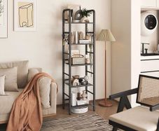 4-Tier Storage Shelf, Metal Shelving Unit, 8Pcs S Hooks, Modern Style, 36 x 27 x 146 cm, Corner Shelf, Display Units for Living Room, Bedroom, Office, Black