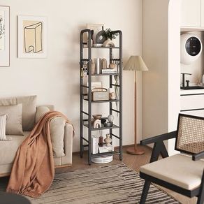 4-Tier Storage Shelf, Metal Shelving Unit, 8Pcs S Hooks, Modern Style, 36 x 27 x 146 cm, Corner Shelf, Display Units for Living Room, Bedroom, Office, Black