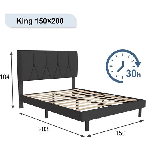 King Bed Frame, Black, Upholstered Wooden Slat Bed Frame with Headboard