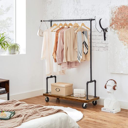 _Coat Rack on Wheels with Clothes Rail Extendible Hallway Coat Rack with Shelf and Wheels Industrial Design Vintage Brown/Black