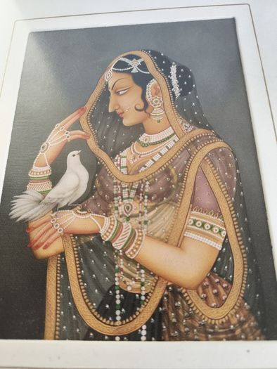 Framed Indian Folk Art, Royal Princess with Pigeon, Mughal Art, Indian Royal Queen , Indian Prints, Indian Printable Wall Art, Indian Art, Vintage