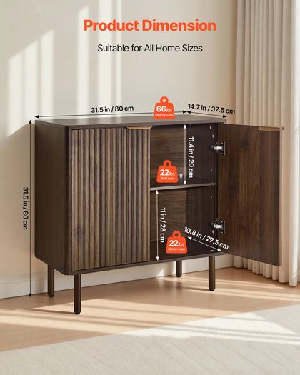 Coffee Bar Cabinet, Mid Century Fluted Coffee Bar Table with 2-Tier Storage, Buffet Stand Cabinet with Barn Door, Sideboard Buffet Station for Living Room, Entryway, 80 x 37.5 x 80 cm Walnut