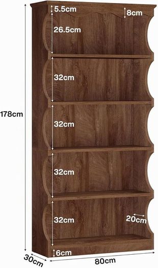 Vintage Wood Look Bookcase 178 cm, 6-Tier Curved Open Standing Shelf as Room Divider