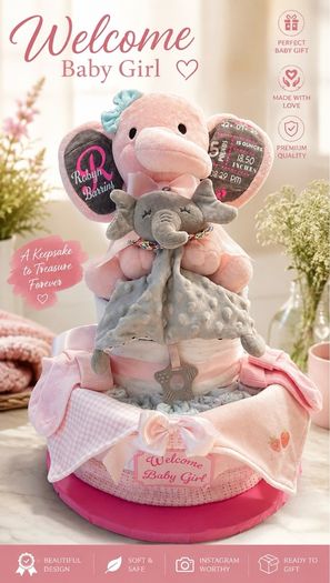 Baby Gift - Nappy Cake with Personalised Baby Stats Elephant