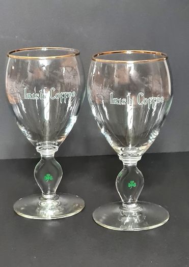 Vintage Irish Coffee Glasses Set of 2, Gold Rim Shamrock Stem
