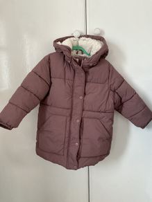 Next girls mauve puffer coat with teddy bear ears - excellent conditio