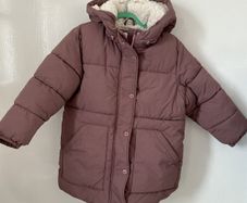 Next girls mauve puffer coat with teddy bear ears - excellent conditio