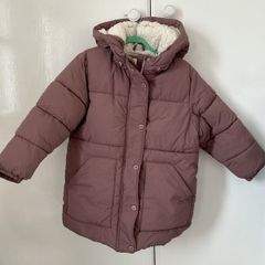 Next girls mauve puffer coat with teddy bear ears - excellent conditio