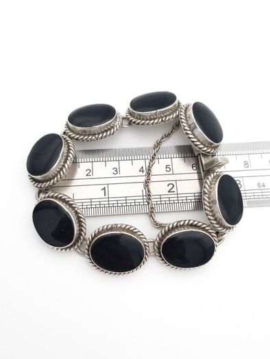 Vintage Signed Mexico Sterling Silver Onyx Chunky Bracelet