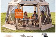 Pop up Gazebo Screen Tent, 3.6x3.6 m, 13-Sided Spherical Camping Canopy Tent with Removable Top &amp; Carry Bag, Quick-Set &amp; Bite-Proof, Screen House Sun Shelter for 8-10 Persons, Beige