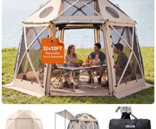 Pop up Gazebo Screen Tent, 3.6x3.6 m, 13-Sided Spherical Camping Canopy Tent with Removable Top & Carry Bag, Quick-Set & Bite-Proof, Screen House Sun Shelter for 8-10 Persons, Beige