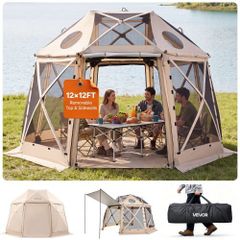 Pop up Gazebo Screen Tent, 3.6x3.6 m, 13-Sided Spherical Camping Canopy Tent with Removable Top & Carry Bag, Quick-Set & Bite-Proof, Screen House Sun Shelter for 8-10 Persons, Beige