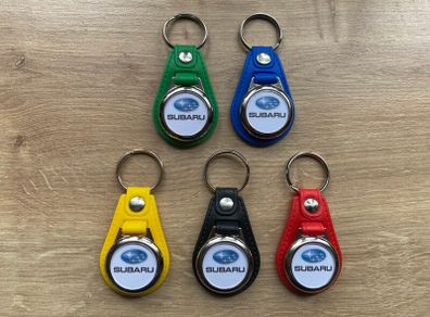 Synthetic leather Subaru key ring with shopping trolley token/coin