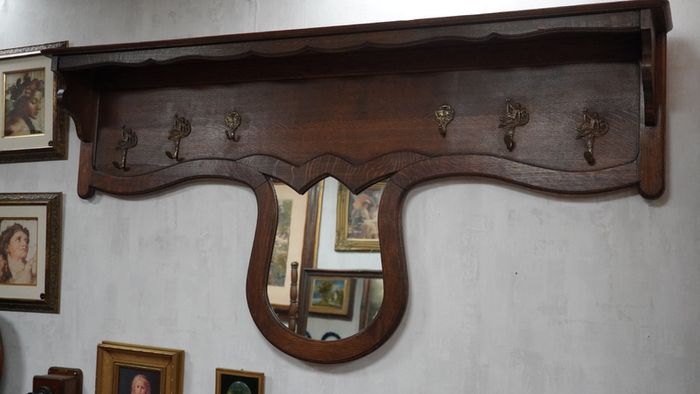 Antique French Oak Wall Coat Rack with Mirror